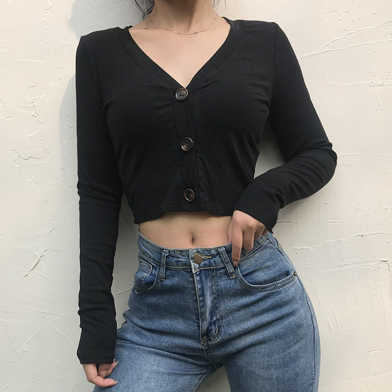 Damen Figurbetontes Langarmcropped Oberteil mit Knopfdetails EB