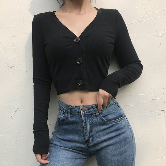 Damen Figurbetontes Langarmcropped Oberteil mit Knopfdetails EB