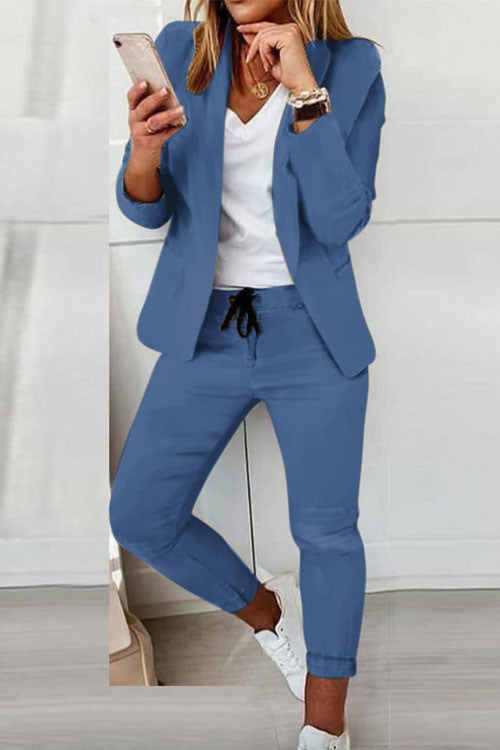 Damen nan lässiges Hosenanzug-Set mit Joggerhose, Kordelzug und tailliertem Blazer EB