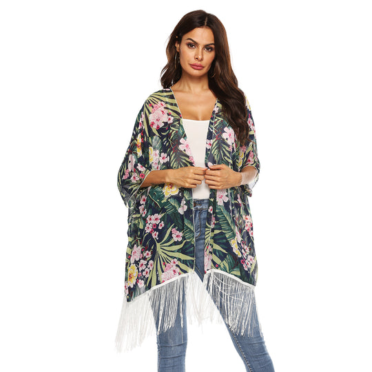Damen Kimono mit floralem Design und Fransen EB