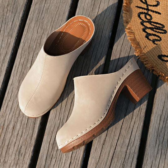 Damen bequeme Clogs aus hochwertigem Wildleder mit elegantem Blockabsatz EB