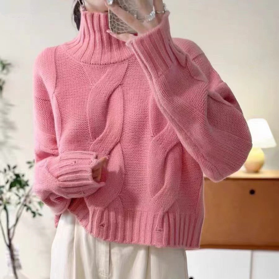 Damen Strickpullover mit hohem Kragen und Zopfmuster EB