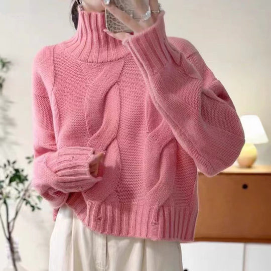 Damen Strickpullover mit hohem Kragen und Zopfmuster EB