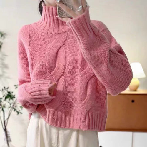 Damen Strickpullover mit hohem Kragen und Zopfmuster EB