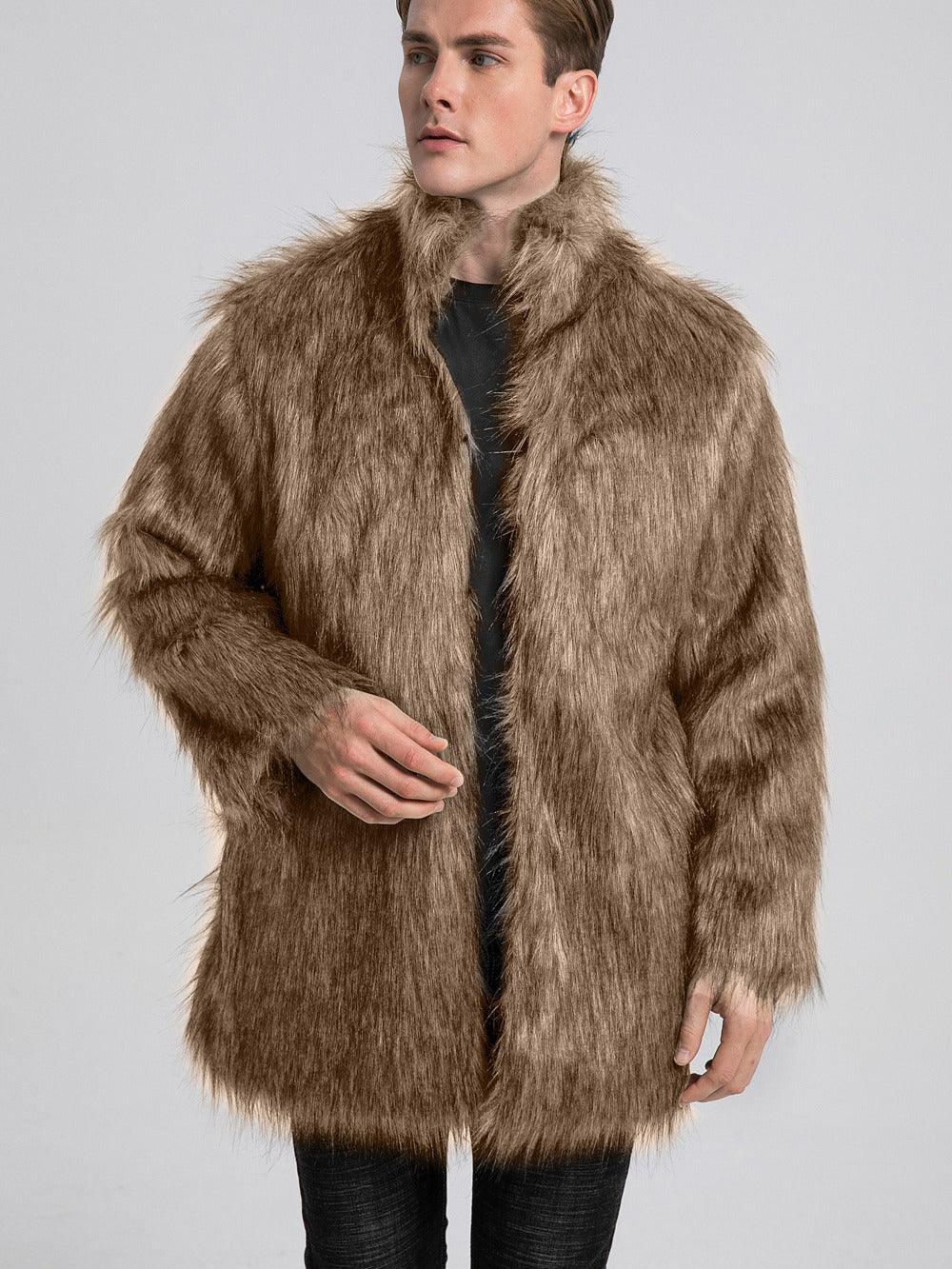 Herren Eleganter Kunstfell-Mantel mit weitem Kragen EB