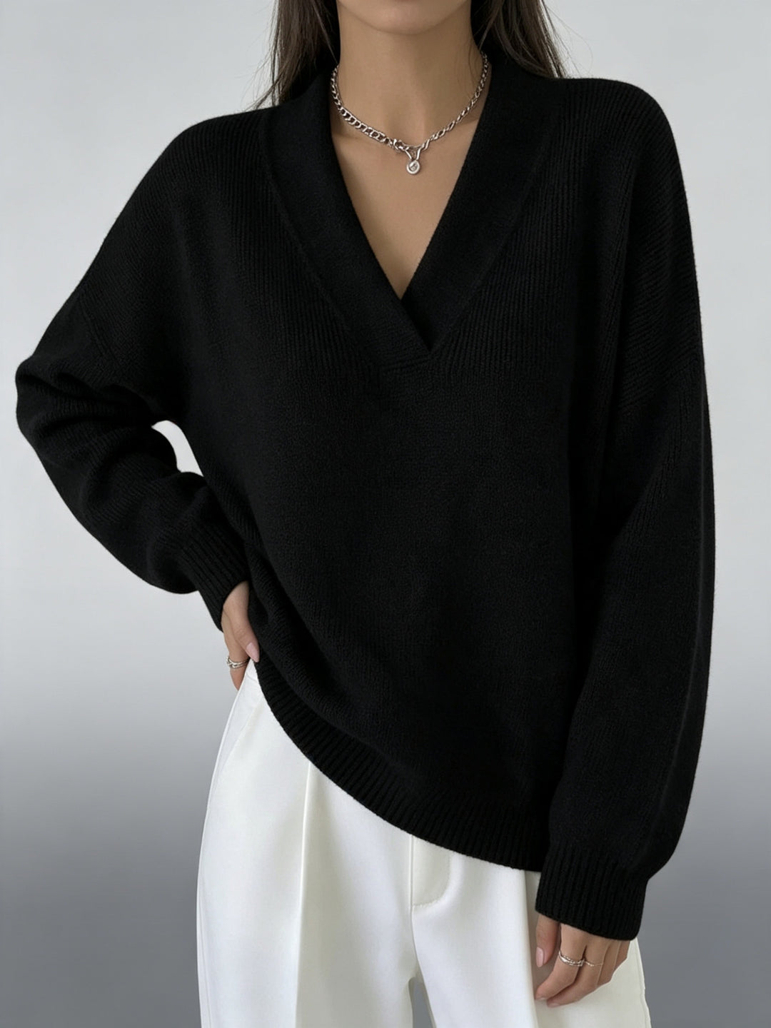 Damen Kaschmir-Touch V-Ausschnitt Relax-Pullover mit Raglanärmeln EB
