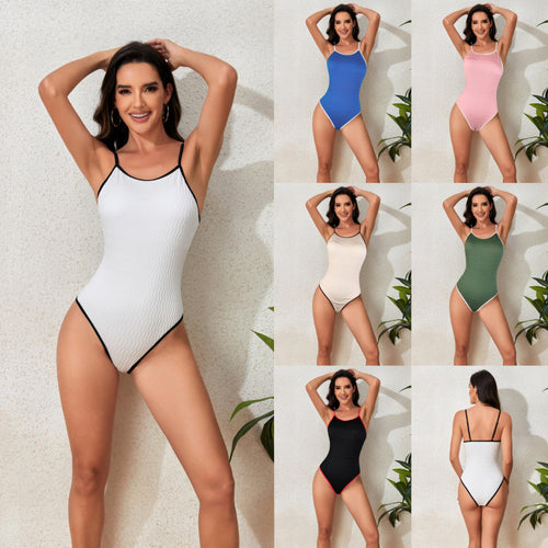 Damen Einteiler Badeanzug mit elegantem Wellenmuster und verstellbaren Trägern EB