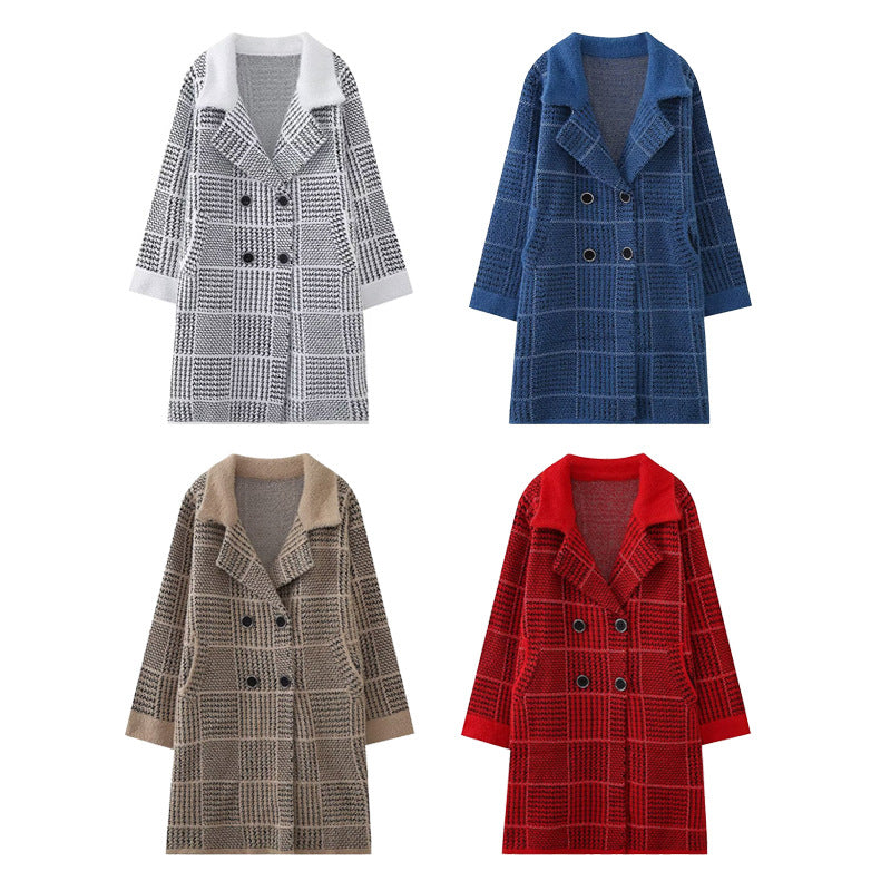 Damen modische Übergangsjacke mit strukturiertem Karomuster und eleganter Knopfleiste EB