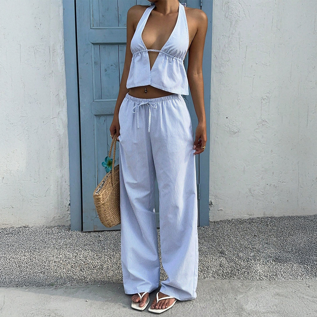 Damen Lässiges Strandoutfit mit Crop-Top und weitem Hose EB