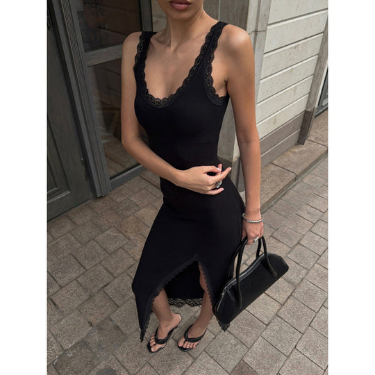 Damen Maxikleid mit Spitzenabschluss und hohem Schlitz EB