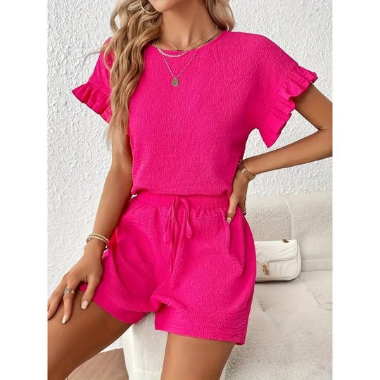 Damen lässiger Shortsanzug mit Rüschendetails und elastischem Taillenzug EB