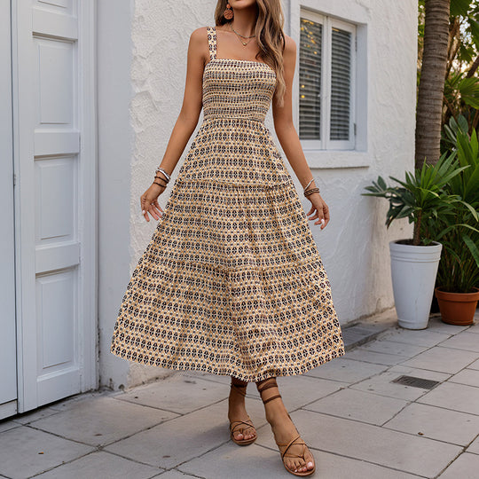 Damen Maxikleid mit verstellbaren Spaghettiträgern und elastischem Oberteil EB