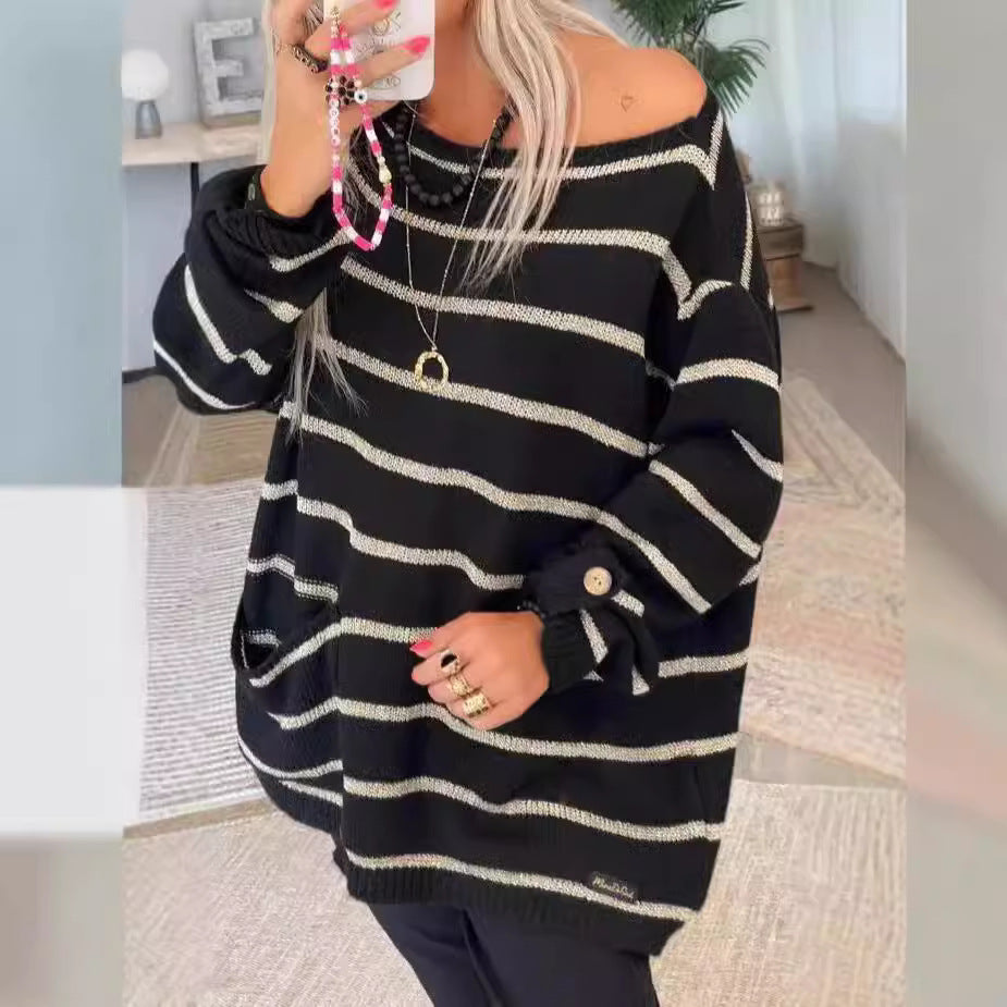 Damen Oversized Strickpullover mit eleganten Streifen und praktischen Taschen EB
