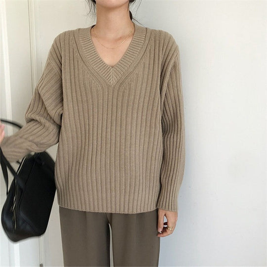Damen Viskose-Strickpullover mit V-Ausschnitt und geripptem Design EB