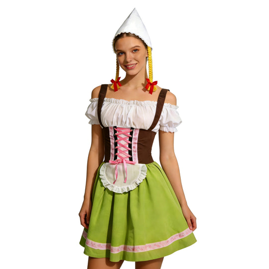 Damen nan traditionelles Dirndl-Kostüm mit Schnürung, Schürze und spitzem Kopftuch EB