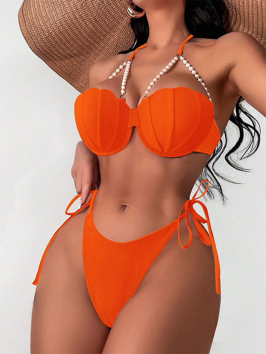 Damen Eleganter Push-Up-Bikini mit Perlenakzenten EB