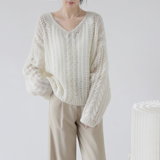 Damen Grobstrickpullover mit V-Ausschnitt und luftiger Struktur EB