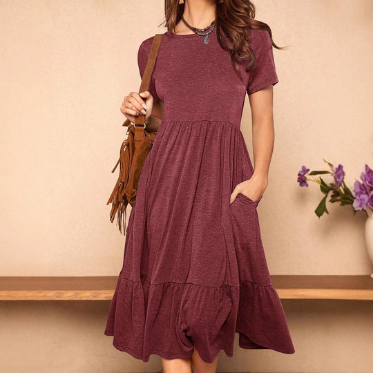 Damen lässiges Midikleid mit Taschen und voluminösen Rüschendetails EB