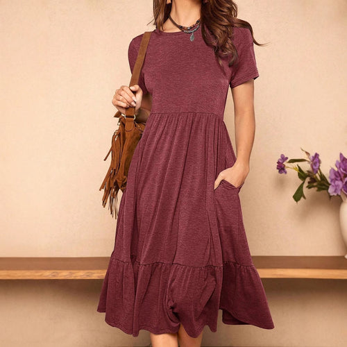 Damen lässiges Midikleid mit Taschen und voluminösen Rüschendetails EB
