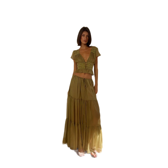 Damen Luftiges Maxikleid mit eleganten Rüschen und transparenter Optik EB