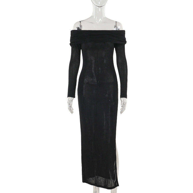 Damen schulterfreies Maxikleid mit eleganter Drapierung und transparentem Oberteil EB