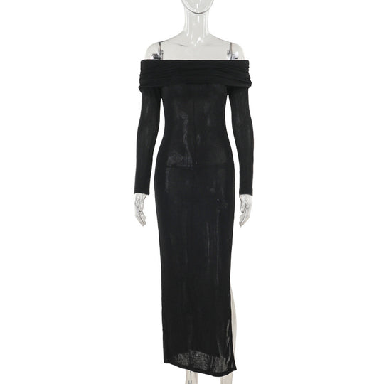 Damen schulterfreies Maxikleid mit eleganter Drapierung und transparentem Oberteil EB