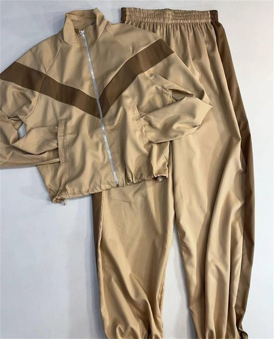 Damen nan Satin-Trackset mit Stehkragen, Chevron-Streifen und Kordelzug EB