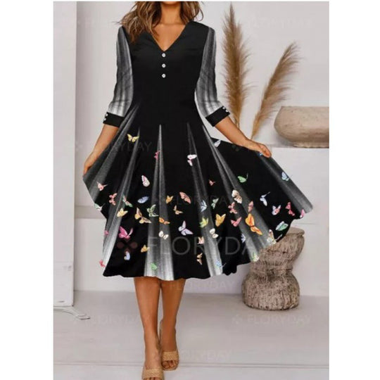 Damen V-Ausschnitt Midi-Kleid mit fließendem Rock und floralem Ärmeldesign EB