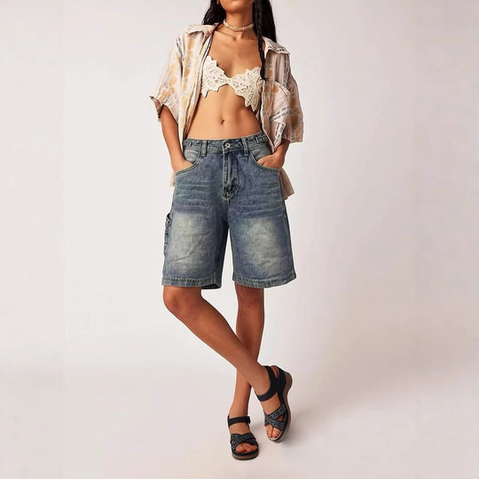 Damen lässige Denim-Shorts mit hohem Bund und weitem Schnitt EB