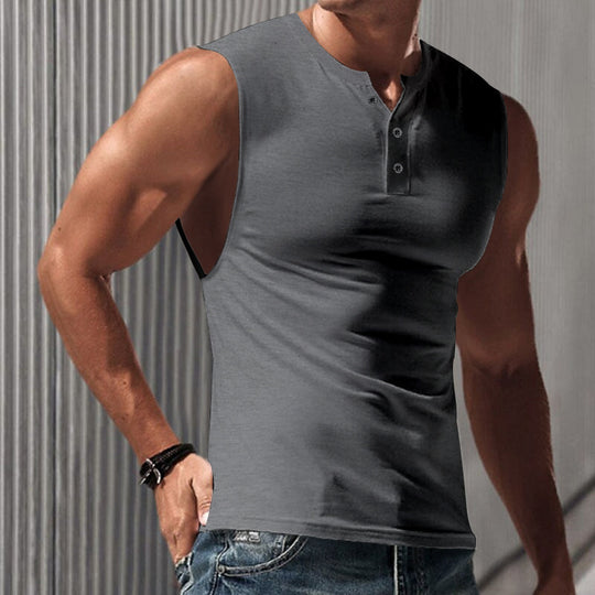 Herren nan ärmelloses Muskelshirt mit Henley-Knopfleiste, tiefem Armausschnitt und elastischem Baumwollmix EB