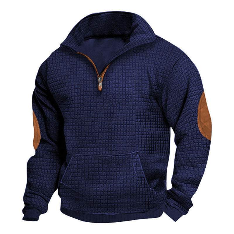 Herren nan thermoregulierender Waffelstrick-Halbzippullover mit Kängurutasche und Lederimitat-Ellbogenpatches EB