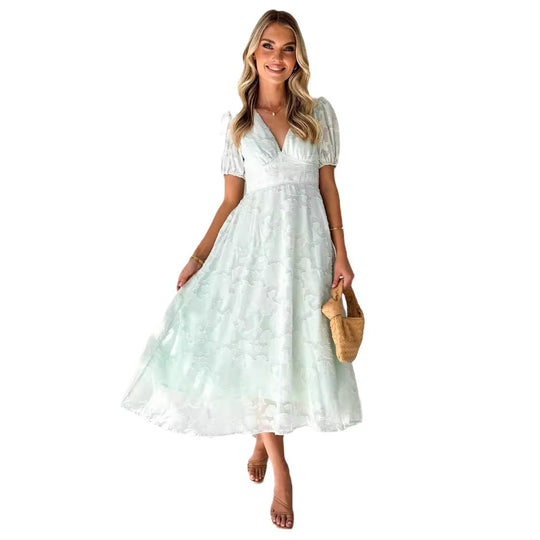 Damen Midi-Kleid mit grafischem Auschnitt und Puffärmeln EB