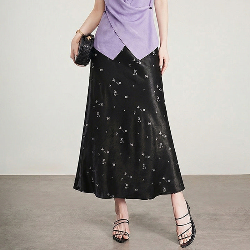 Damen  A-Linien Midirock aus Jacquard-Satin mit floralen und Schmetterlingsreliefs EB