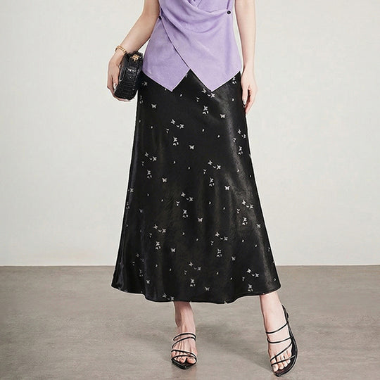 Damen  A-Linien Midirock aus Jacquard-Satin mit floralen und Schmetterlingsreliefs EB