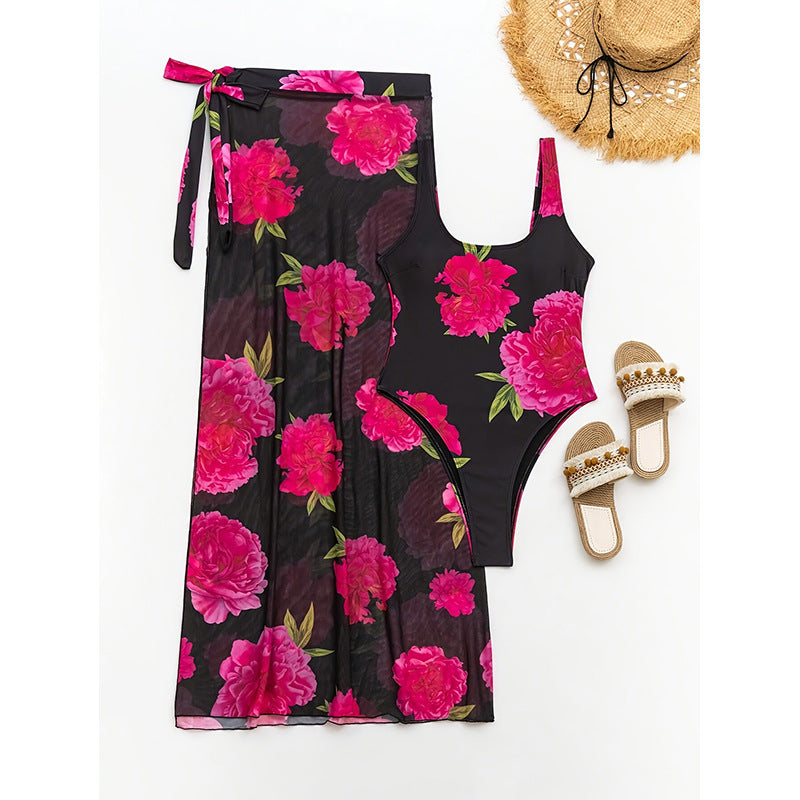 Damen Einteiler Badeanzug mit floraler Überwurfrobe EB
