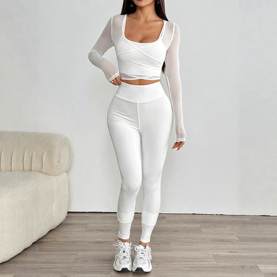 Damen Sportliches Set aus kreativem Oberteil mit langem Arm und figurbetonten Leggings EB