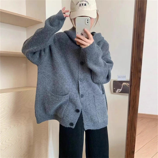 Damen kuschelige Strickjacke mit Kapuze und großen Taschen EB