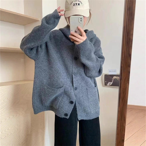 Damen kuschelige Strickjacke mit Kapuze und großen Taschen EB