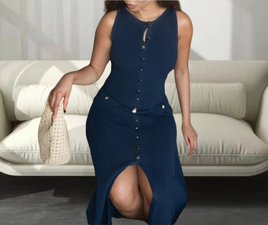 Damen Strickmaxikleid mit Knopfleiste und seitlichen Schlitzen EB