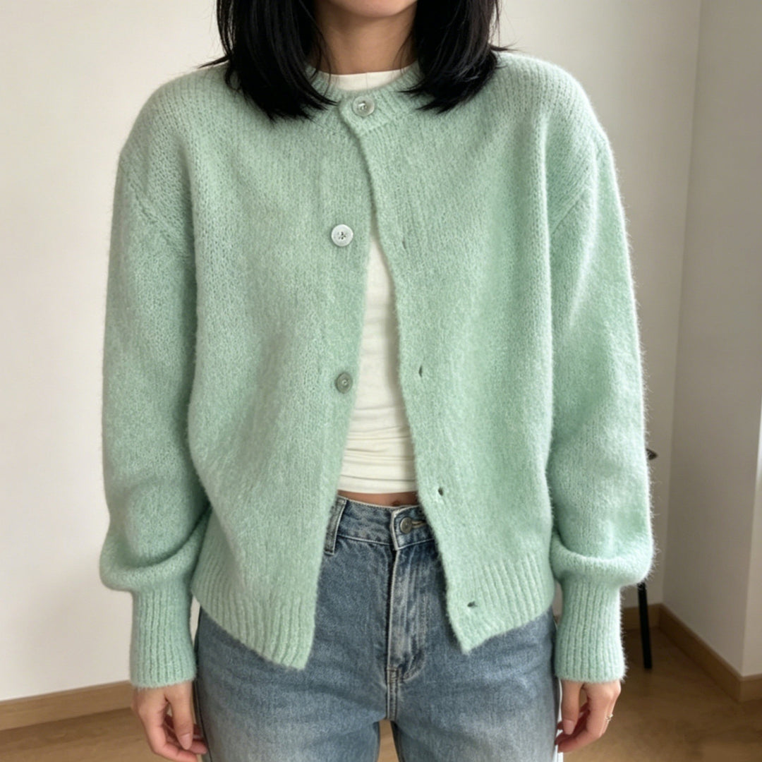 Damen Kuschelige Mohair-Optik Strickjacke mit Rundhals und Ballonärmeln EB