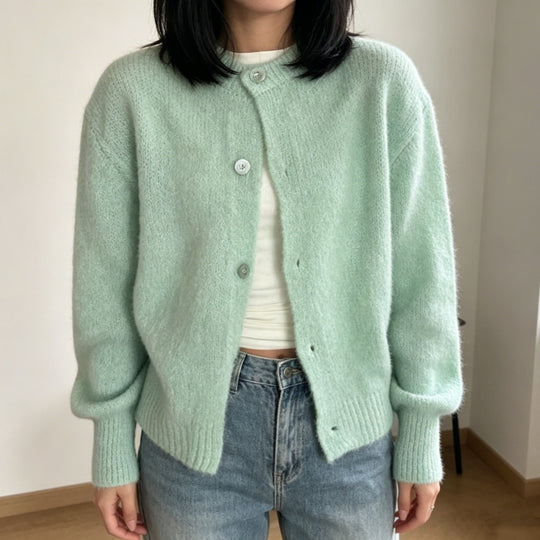 Damen Kuschelige Mohair-Optik Strickjacke mit Rundhals und Ballonärmeln EB