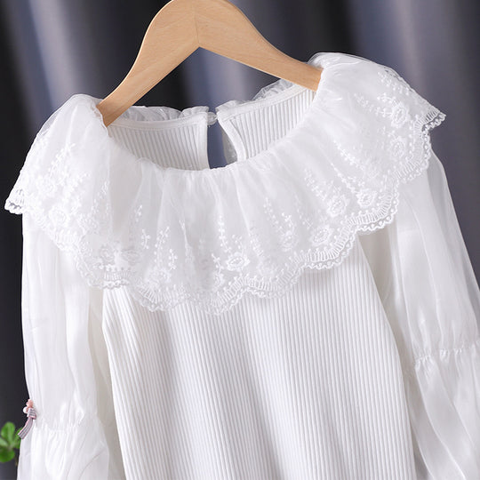 Damen elegante Bluse mit romantischem Spitzenkragen und Rüschendetails EB