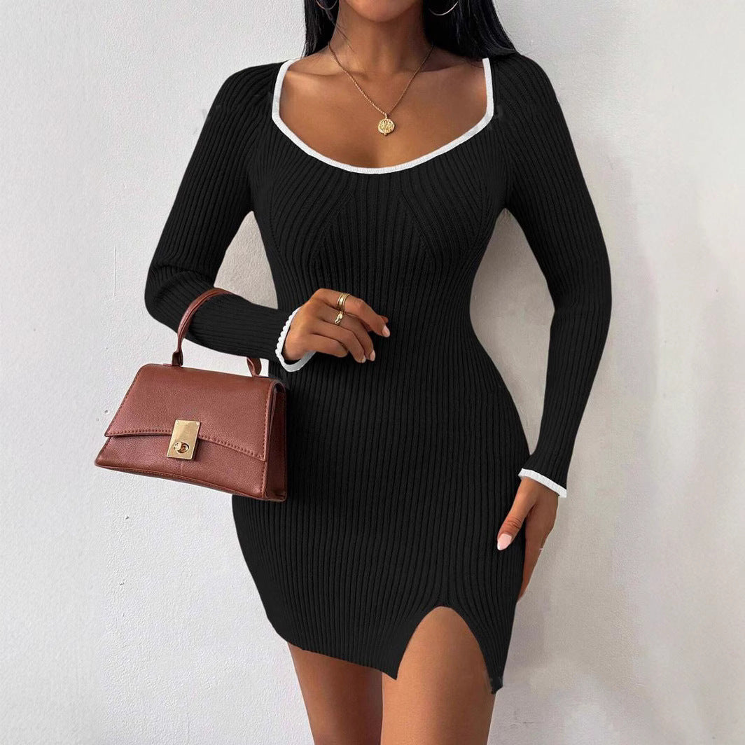 Damen Strickkleid mit schmalem Schnitt und raffiniertem Ausschnitt EB