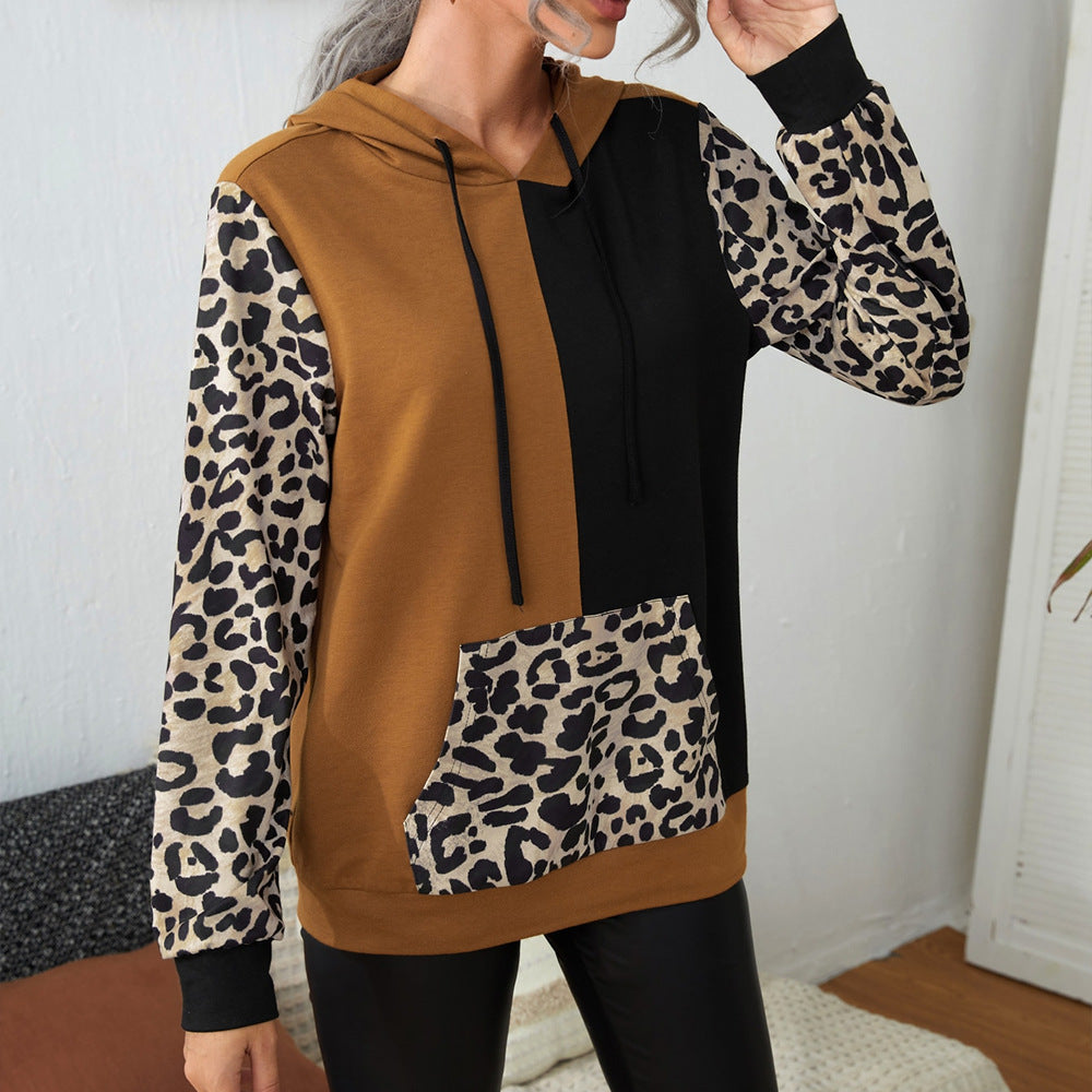 Damen Kapuzenpullover mit auffälligem Leopardenmuster und Farbblockdesign EB