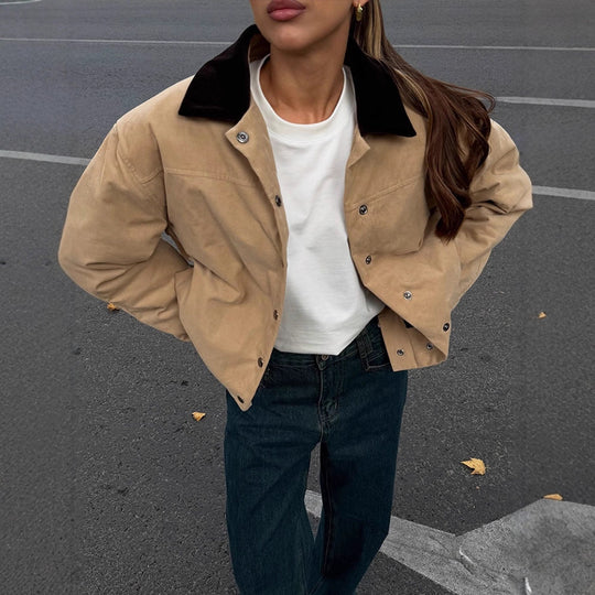 Damen modische Oversized-Jacke mit Samtkragen und Druckknopfverschluss EB