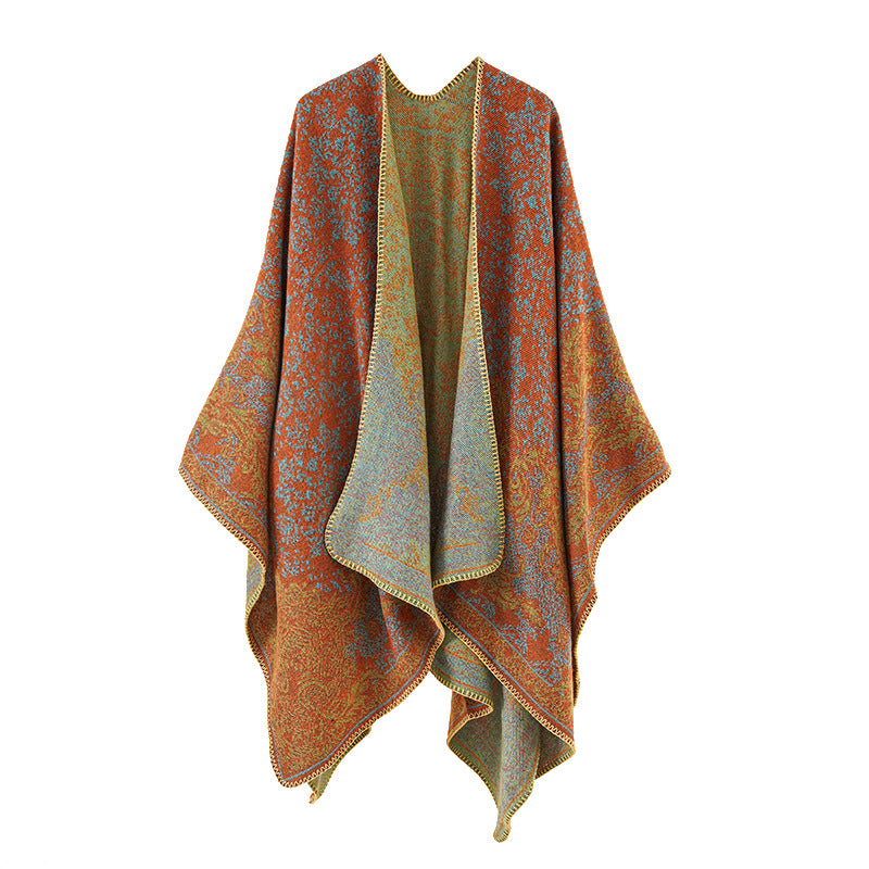 Damen Jacquard-Poncho mit orientalischem Muster und offener Vorderseite EB