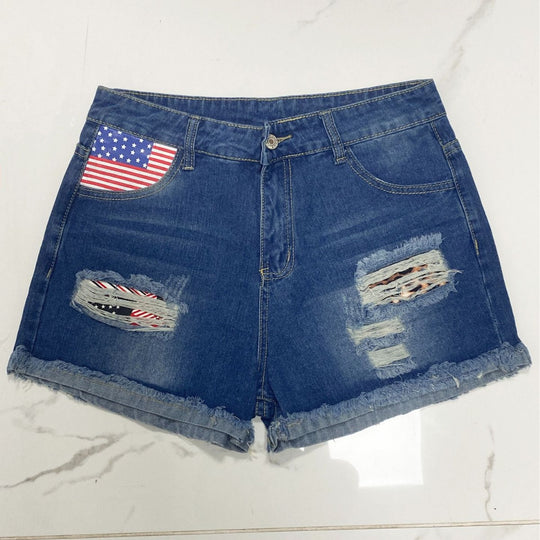 Damen Jeans-Shorts mit einzigartigem Flaggen-Design und modernen Destroyed-Details EB