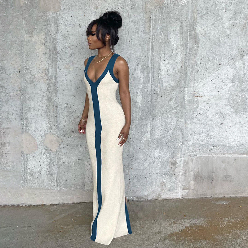 Damen elegantes Maxikleid mit tiefem V-Ausschnitt und kontrastierendem Streifen EB