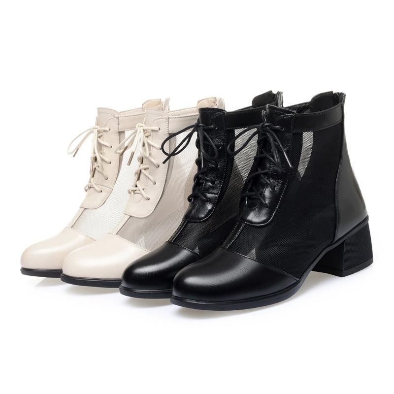 Damen Elegante Schnürstiefeletten mit atmungsaktiver Netzstruktur und komfortablem Blockabsatz EB