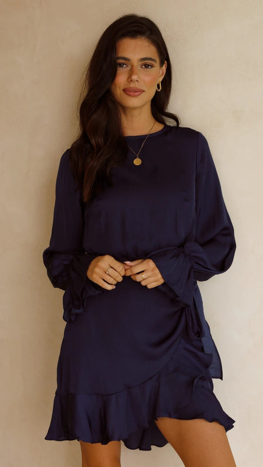 Damen Wickelkleid mit schwingenden Volant-Ärmeln und elegantem Taillenband EB